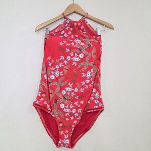 Ted Baker Red Kyoto Floral Butterfly Print One-piece Halter Open Back Swimsuit
